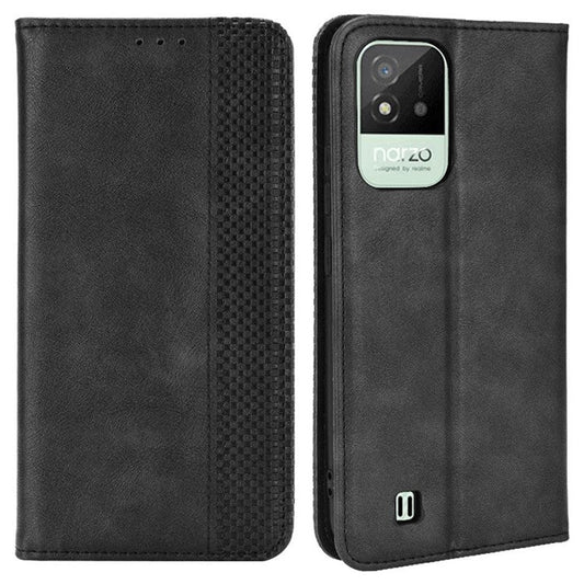 For Realme Narzo 50i Vintage PU Leather + Soft TPU Imprinted Mosaic Shell Case Wallet Magnetic Absorption Stand Folio Shockproof Protective Cover - Black