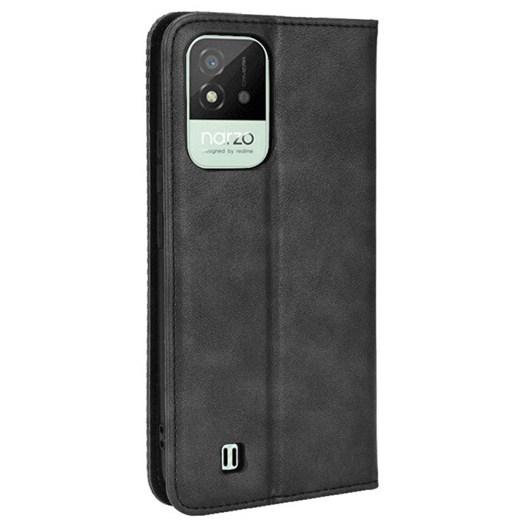 For Realme Narzo 50i Vintage PU Leather + Soft TPU Imprinted Mosaic Shell Case Wallet Magnetic Absorption Stand Folio Shockproof Protective Cover - Black