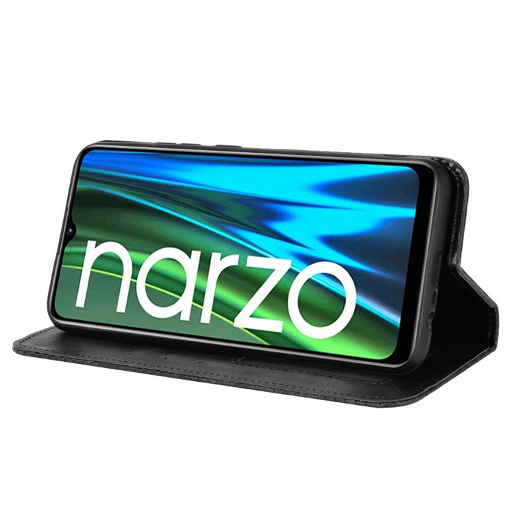 For Realme Narzo 50i Vintage PU Leather + Soft TPU Imprinted Mosaic Shell Case Wallet Magnetic Absorption Stand Folio Shockproof Protective Cover - Black