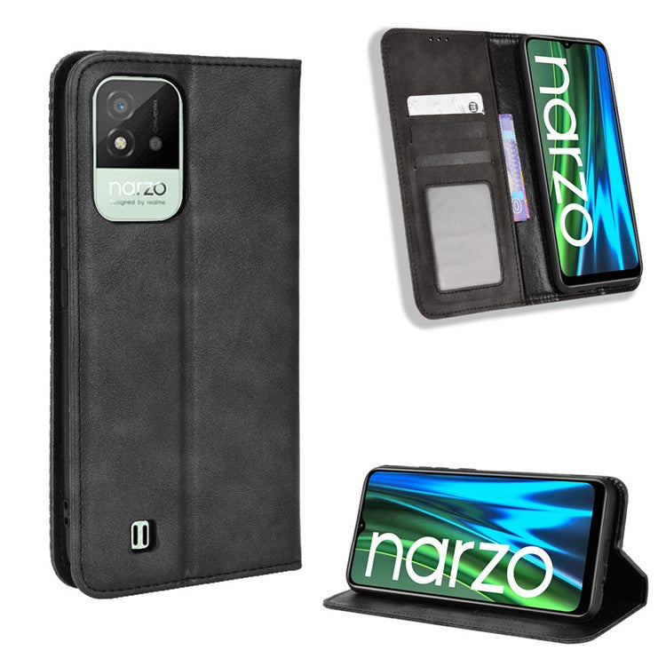 For Realme Narzo 50i Vintage PU Leather + Soft TPU Imprinted Mosaic Shell Case Wallet Magnetic Absorption Stand Folio Shockproof Protective Cover - Black
