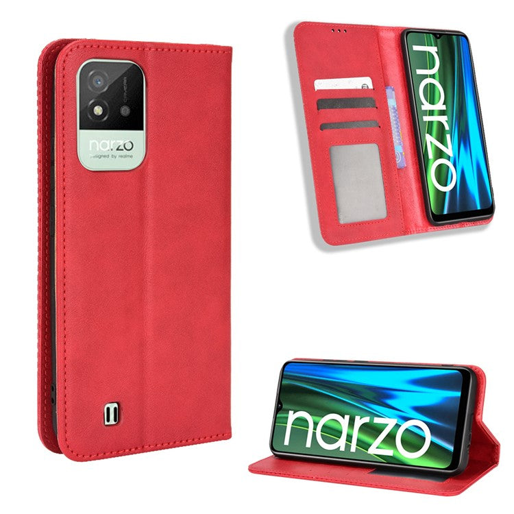 For Realme Narzo 50i Vintage PU Leather + Soft TPU Imprinted Mosaic Shell Case Wallet Magnetic Absorption Stand Folio Shockproof Protective Cover - Red