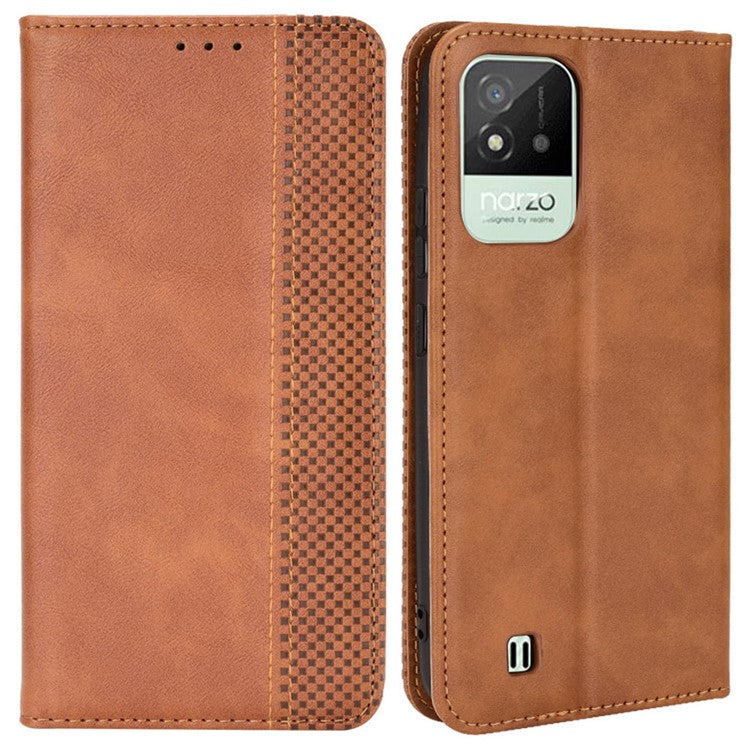 For Realme Narzo 50i Vintage PU Leather + Soft TPU Imprinted Mosaic Shell Case Wallet Magnetic Absorption Stand Folio Shockproof Protective Cover - Brown