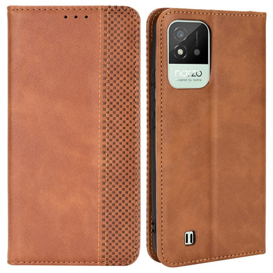 For Realme Narzo 50i Vintage PU Leather + Soft TPU Imprinted Mosaic Shell Case Wallet Magnetic Absorption Stand Folio Shockproof Protective Cover - Brown