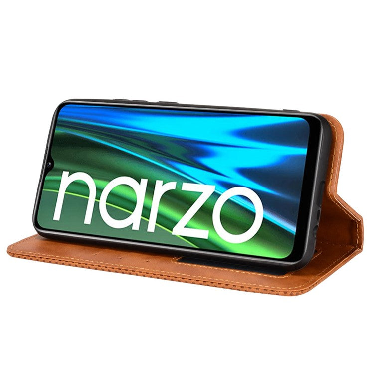 For Realme Narzo 50i Vintage PU Leather + Soft TPU Imprinted Mosaic Shell Case Wallet Magnetic Absorption Stand Folio Shockproof Protective Cover - Brown