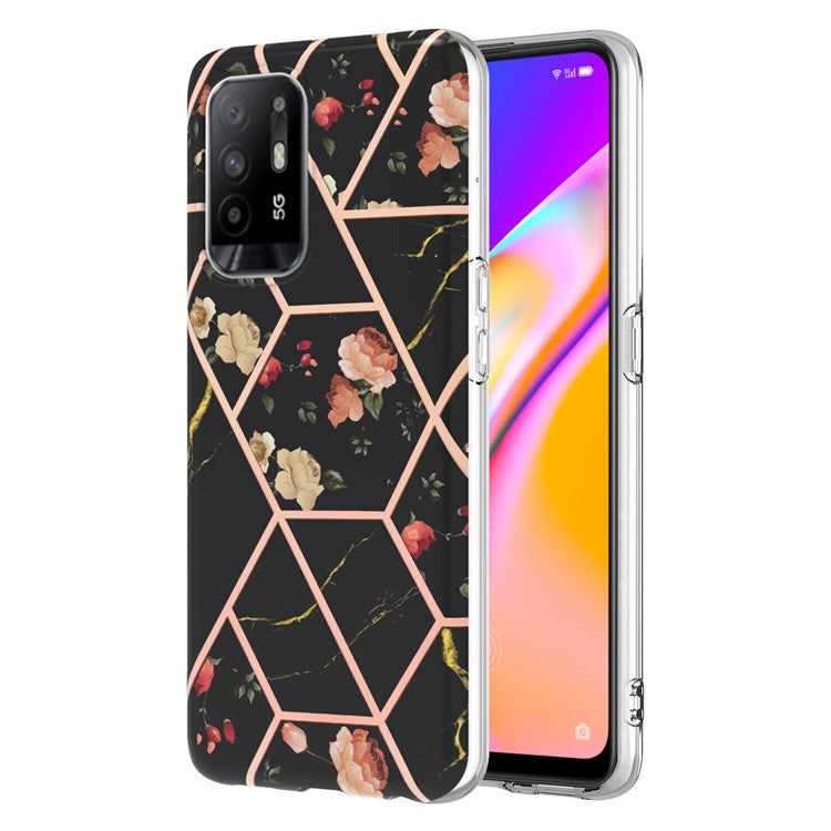 LB1 Series for Oppo A94 5G/A95 5G Soft Touch Marble Cell Phone Case, Anti-fingerprint Electroplating Soft TPU IMD Anti-scratch Cover - Black Flowers
