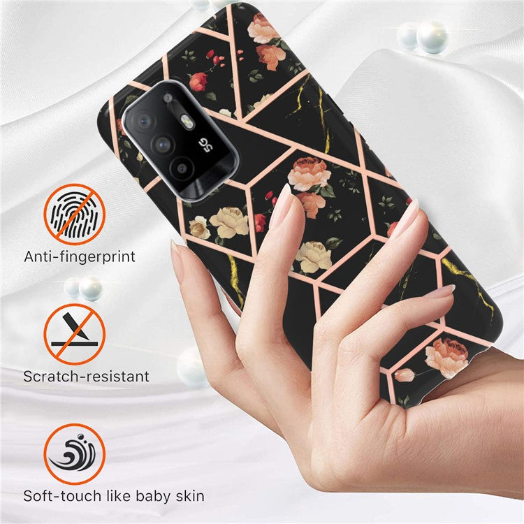 LB1 Series for Oppo A94 5G/A95 5G Soft Touch Marble Cell Phone Case, Anti-fingerprint Electroplating Soft TPU IMD Anti-scratch Cover - Black Flowers