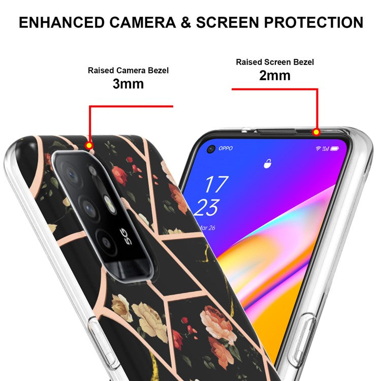 LB1 Series for Oppo A94 5G/A95 5G Soft Touch Marble Cell Phone Case, Anti-fingerprint Electroplating Soft TPU IMD Anti-scratch Cover - Black Flowers