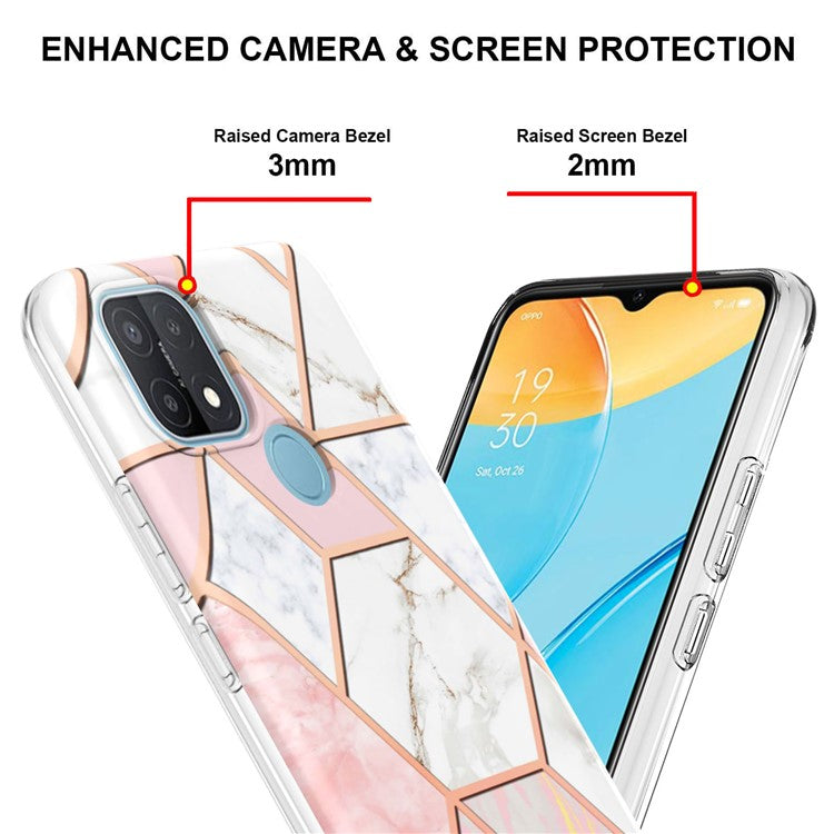 LB4 Series Electroplating Marble Style Phone Case for OPPO A15 / A15s, Double-sided IMD Soft TPU Protective Anti-Scratch Cover - Pink/White