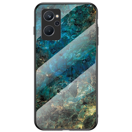 For Realme 9i Tempered Glass + PC Back Cover TPU Bumper Marble Pattern Stylish Cell Phone Case - Emerald Marble