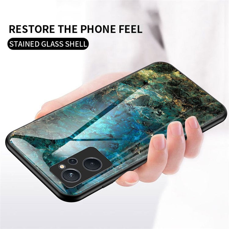 For Realme 9i Tempered Glass + PC Back Cover TPU Bumper Marble Pattern Stylish Cell Phone Case - Emerald Marble