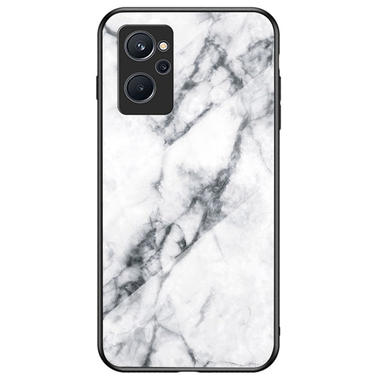 For Realme 9i Tempered Glass + PC Back Cover TPU Bumper Marble Pattern Stylish Cell Phone Case - White Marble