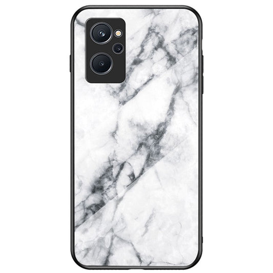 For Realme 9i Tempered Glass + PC Back Cover TPU Bumper Marble Pattern Stylish Cell Phone Case - White Marble