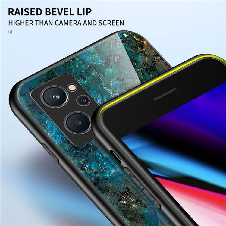 For Realme 9i Tempered Glass + PC Back Cover TPU Bumper Marble Pattern Stylish Cell Phone Case - White Marble
