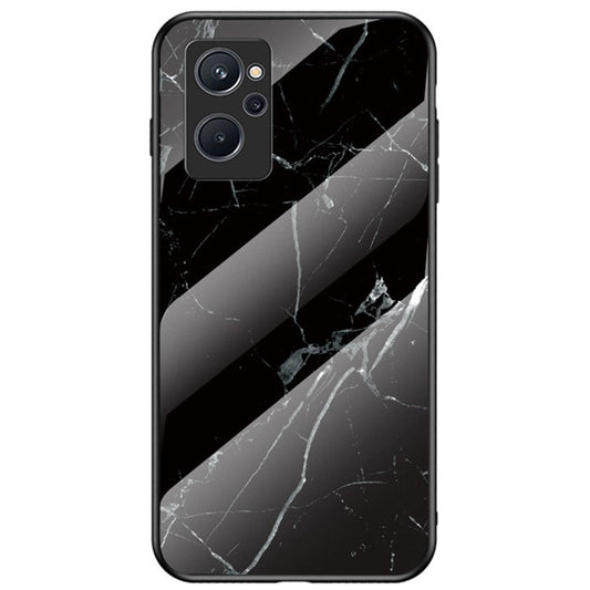 For Realme 9i Tempered Glass + PC Back Cover TPU Bumper Marble Pattern Stylish Cell Phone Case - Black Marble
