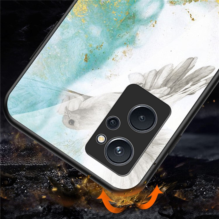For Realme 9i Tempered Glass + PC Back Cover TPU Bumper Marble Pattern Stylish Cell Phone Case - Gold Black Marble