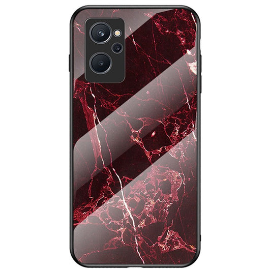 For Realme 9i Tempered Glass + PC Back Cover TPU Bumper Marble Pattern Stylish Cell Phone Case - Blood Red Marble