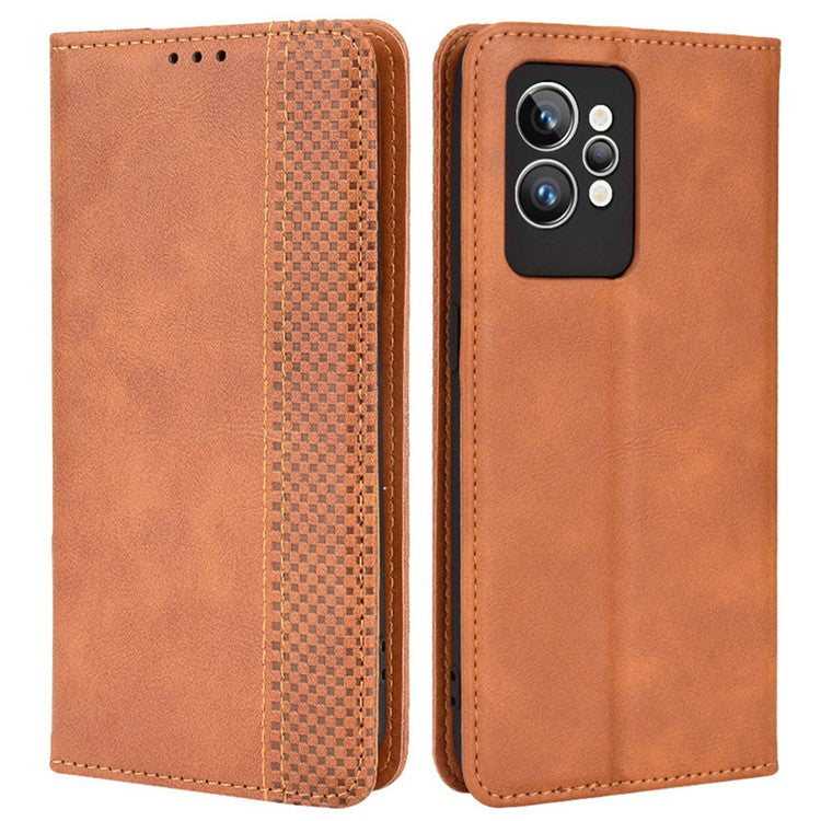 For Realme GT2 Pro Imprinted Mosaic Pattern PU Leather Case Stand Function Wallet Magnetic Absorption Shockproof Protective Phone Cover - Brown