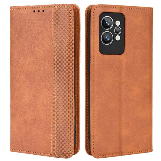 For Realme GT2 Pro Imprinted Mosaic Pattern PU Leather Case Stand Function Wallet Magnetic Absorption Shockproof Protective Phone Cover - Brown
