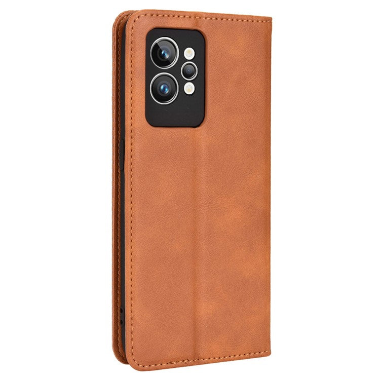 For Realme GT2 Pro Imprinted Mosaic Pattern PU Leather Case Stand Function Wallet Magnetic Absorption Shockproof Protective Phone Cover - Brown