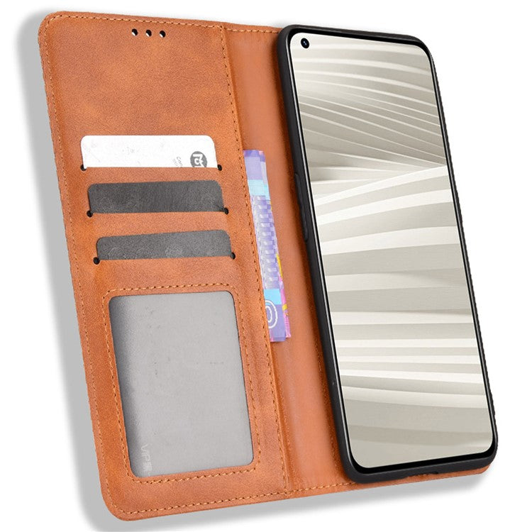 For Realme GT2 Pro Imprinted Mosaic Pattern PU Leather Case Stand Function Wallet Magnetic Absorption Shockproof Protective Phone Cover - Brown