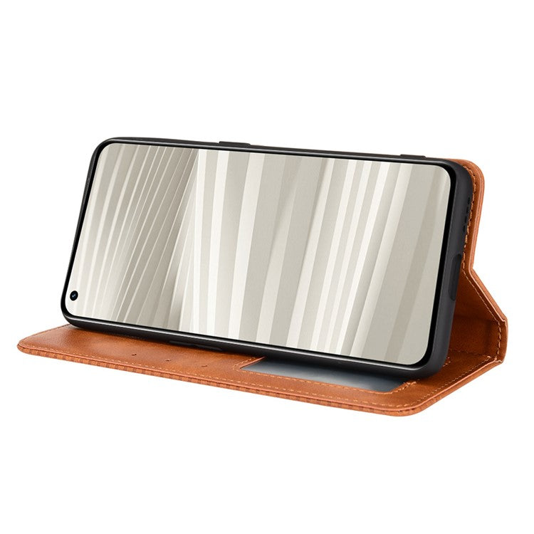 For Realme GT2 Pro Imprinted Mosaic Pattern PU Leather Case Stand Function Wallet Magnetic Absorption Shockproof Protective Phone Cover - Brown