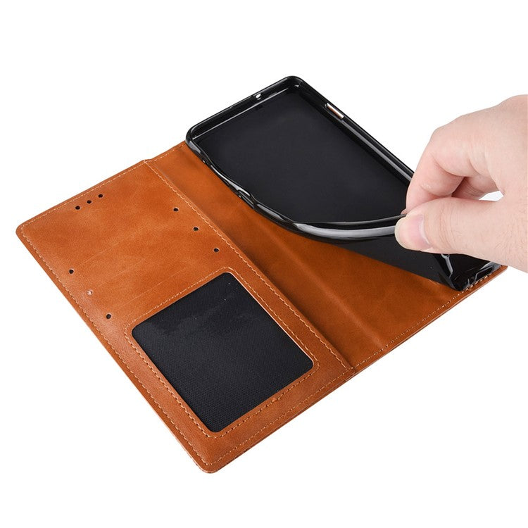 For Realme GT2 Pro Imprinted Mosaic Pattern PU Leather Case Stand Function Wallet Magnetic Absorption Shockproof Protective Phone Cover - Brown