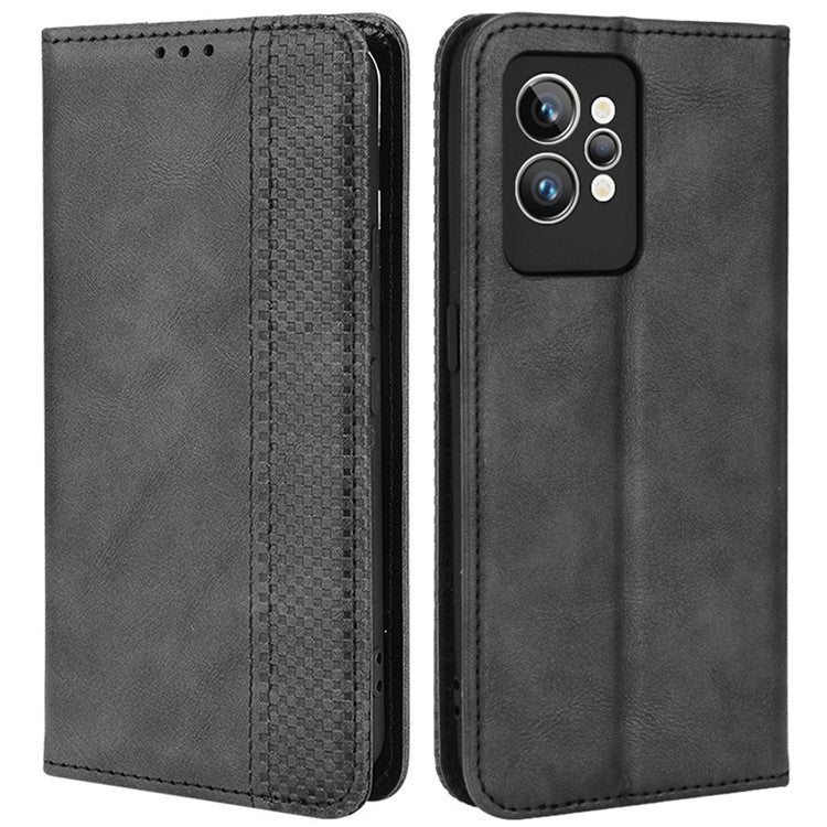 For Realme GT2 Pro Imprinted Mosaic Pattern PU Leather Case Stand Function Wallet Magnetic Absorption Shockproof Protective Phone Cover - Black