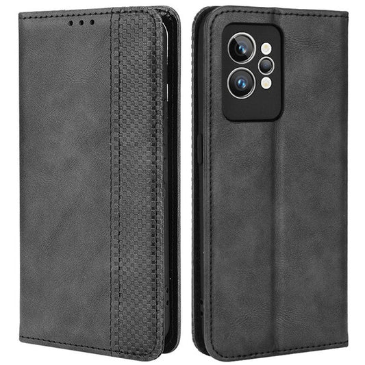 For Realme GT2 Pro Imprinted Mosaic Pattern PU Leather Case Stand Function Wallet Magnetic Absorption Shockproof Protective Phone Cover - Black