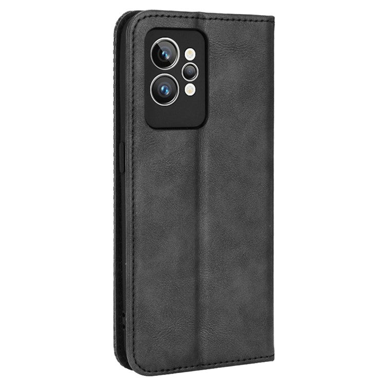 For Realme GT2 Pro Imprinted Mosaic Pattern PU Leather Case Stand Function Wallet Magnetic Absorption Shockproof Protective Phone Cover - Black