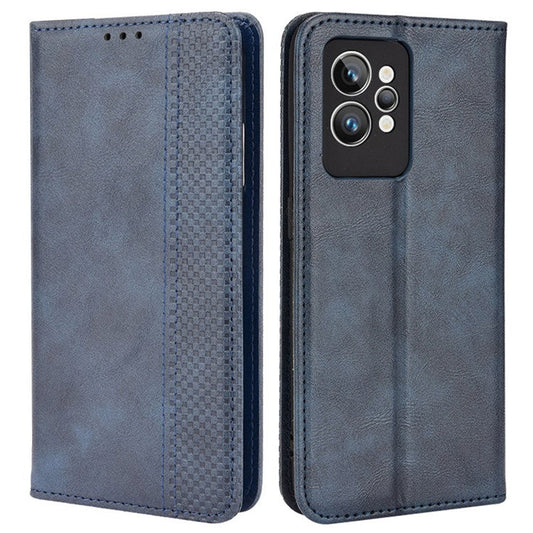 For Realme GT2 Pro Imprinted Mosaic Pattern PU Leather Case Stand Function Wallet Magnetic Absorption Shockproof Protective Phone Cover - Blue