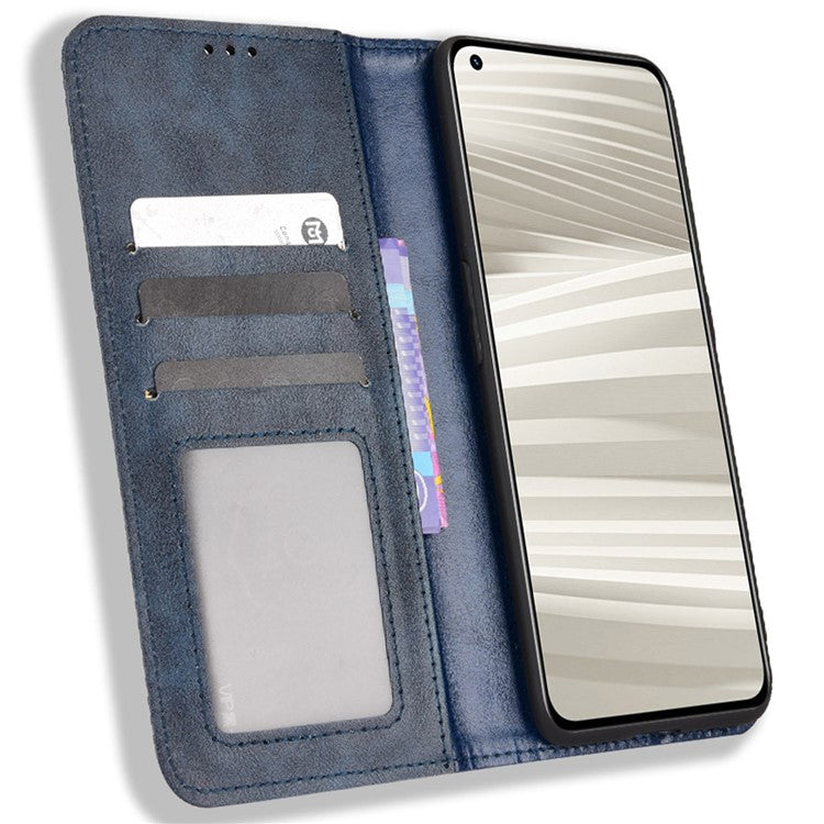 For Realme GT2 Pro Imprinted Mosaic Pattern PU Leather Case Stand Function Wallet Magnetic Absorption Shockproof Protective Phone Cover - Blue