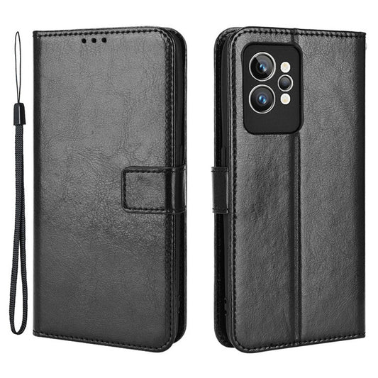 For Realme GT2 Pro Crazy Horse Texture Wallet Leather Cover Phone Stand Case with Wrist Strap - Black