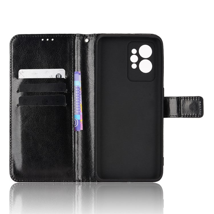 For Realme GT2 Pro Crazy Horse Texture Wallet Leather Cover Phone Stand Case with Wrist Strap - Black