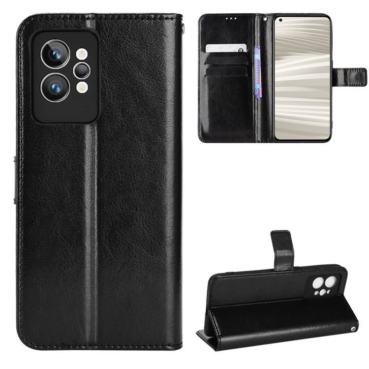 For Realme GT2 Pro Crazy Horse Texture Wallet Leather Cover Phone Stand Case with Wrist Strap - Black
