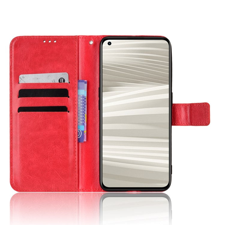 For Realme GT2 Pro Crazy Horse Texture Wallet Leather Cover Phone Stand Case with Wrist Strap - Red