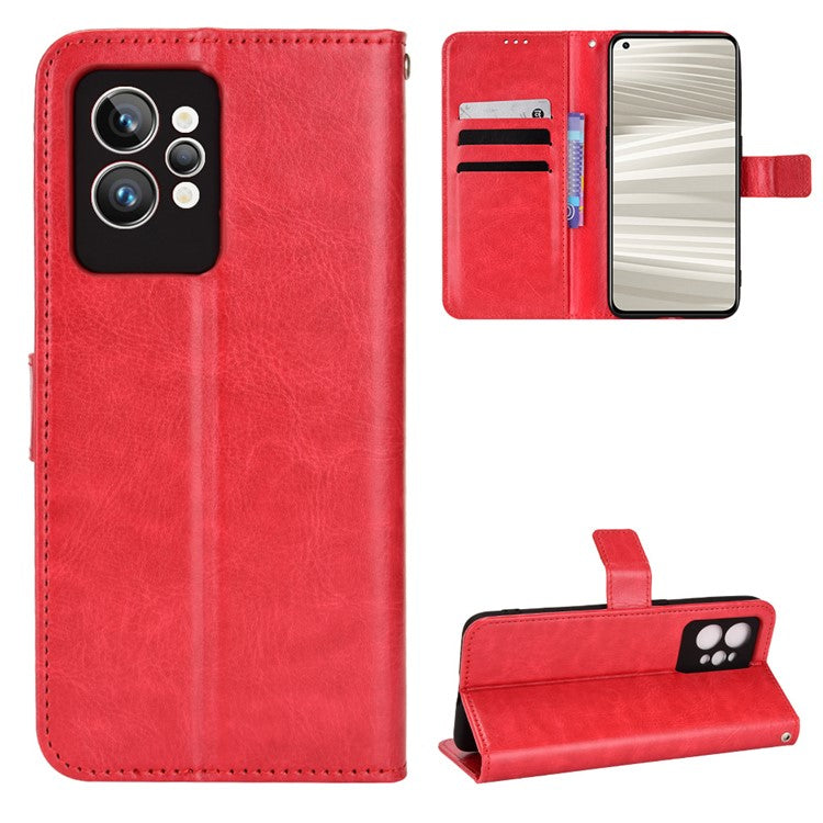 For Realme GT2 Pro Crazy Horse Texture Wallet Leather Cover Phone Stand Case with Wrist Strap - Red