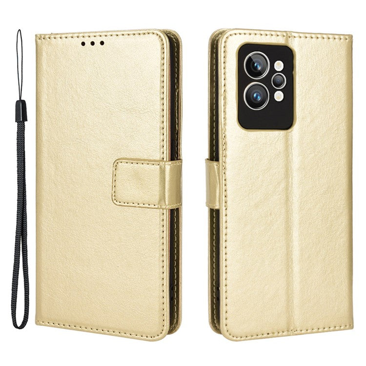 For Realme GT2 Pro Crazy Horse Texture Wallet Leather Cover Phone Stand Case with Wrist Strap - Gold