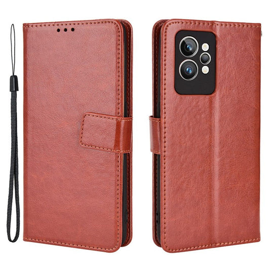 For Realme GT2 Pro Crazy Horse Texture Wallet Leather Cover Phone Stand Case with Wrist Strap - Brown