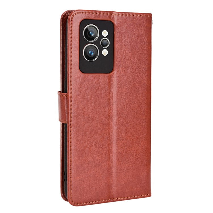 For Realme GT2 Pro Crazy Horse Texture Wallet Leather Cover Phone Stand Case with Wrist Strap - Brown