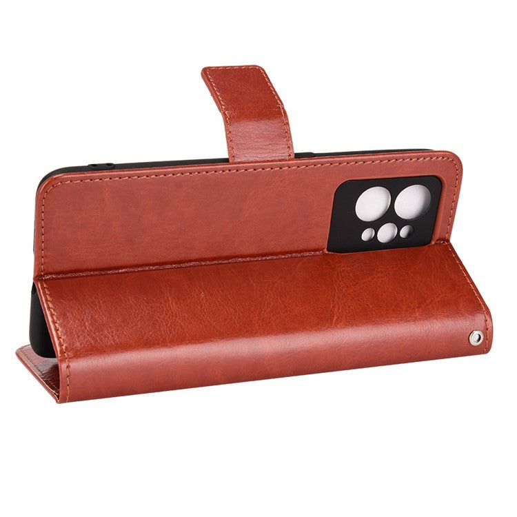 For Realme GT2 Pro Crazy Horse Texture Wallet Leather Cover Phone Stand Case with Wrist Strap - Brown