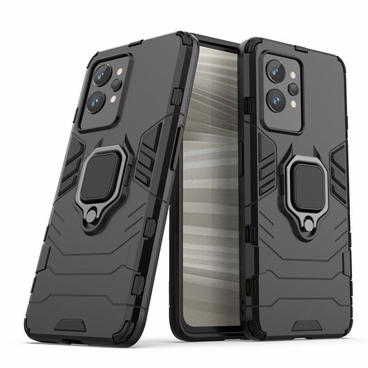 Soft TPU + Hard PC Case for Realme GT2 Pro, Ring Holder Kickstand Phone Protective Cover - Black