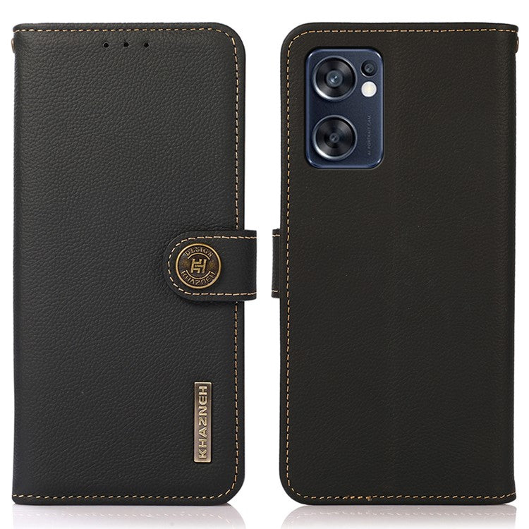 KHAZNEH Genuine Leather Phone Case for Oppo Reno7 SE 5G, RFID Blocking Wallet Stand Magnetic Clasp Cover - Black