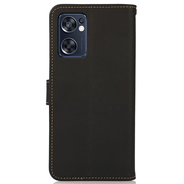 KHAZNEH Genuine Leather Phone Case for Oppo Reno7 SE 5G, RFID Blocking Wallet Stand Magnetic Clasp Cover - Black