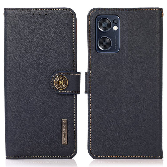 KHAZNEH Genuine Leather Phone Case for Oppo Reno7 SE 5G, RFID Blocking Wallet Stand Magnetic Clasp Cover - Blue