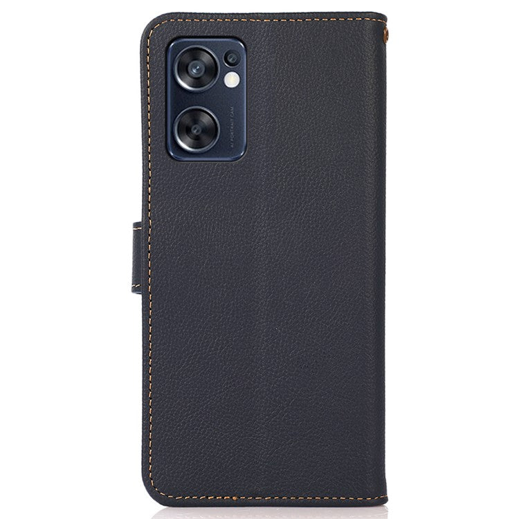 KHAZNEH Genuine Leather Phone Case for Oppo Reno7 SE 5G, RFID Blocking Wallet Stand Magnetic Clasp Cover - Blue