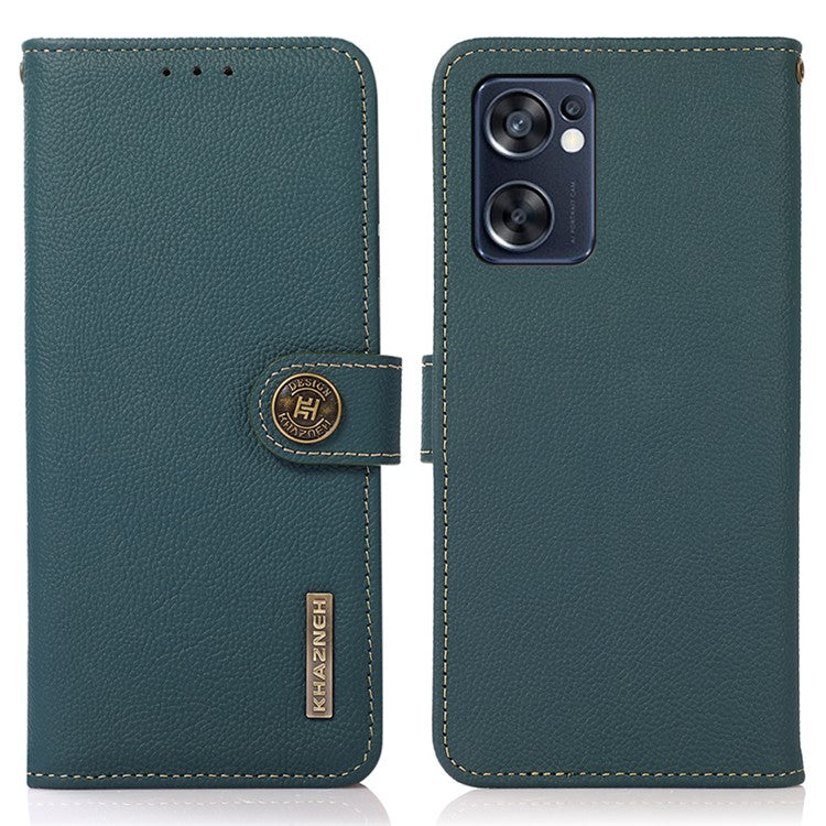 KHAZNEH Genuine Leather Phone Case for Oppo Reno7 SE 5G, RFID Blocking Wallet Stand Magnetic Clasp Cover - Green
