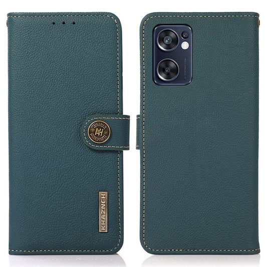 KHAZNEH Genuine Leather Phone Case for Oppo Reno7 SE 5G, RFID Blocking Wallet Stand Magnetic Clasp Cover - Green
