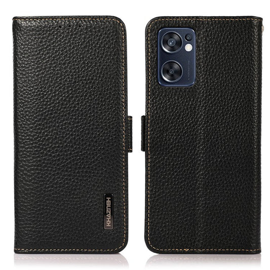 KHAZNEH Top Layer Genuine Leather RFID Blocking Case for Oppo Reno7 SE 5G, Stand Wallet Litchi Texture Phone Cover - Black