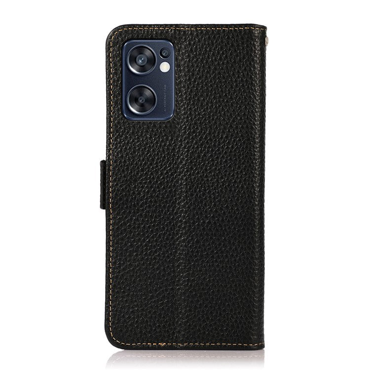KHAZNEH Top Layer Genuine Leather RFID Blocking Case for Oppo Reno7 SE 5G, Stand Wallet Litchi Texture Phone Cover - Black