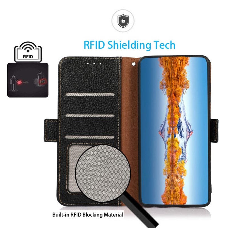 KHAZNEH Top Layer Genuine Leather RFID Blocking Case for Oppo Reno7 SE 5G, Stand Wallet Litchi Texture Phone Cover - Black